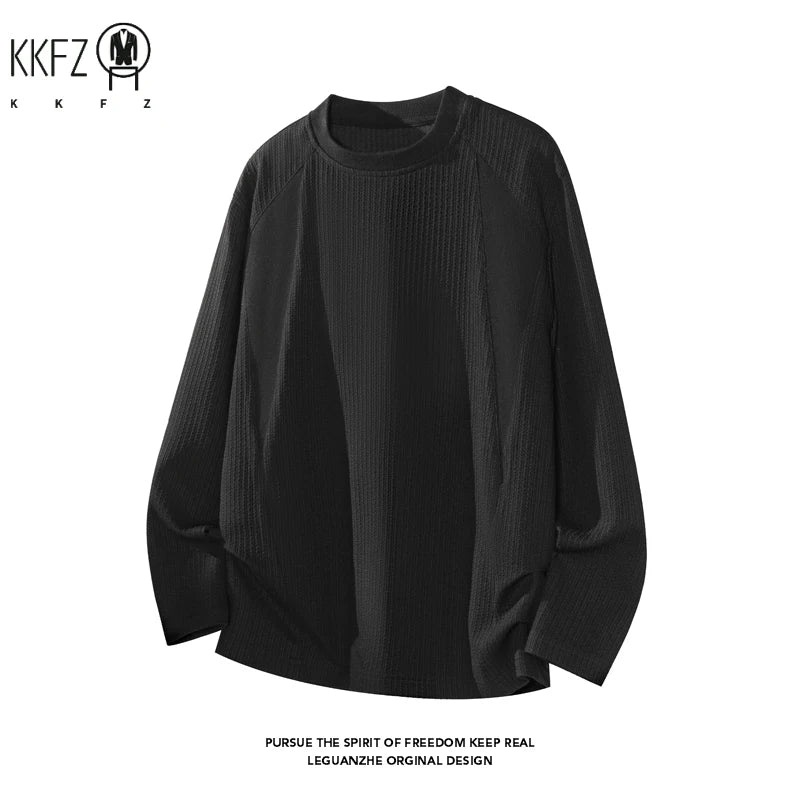 Men Crew Neck Vertical Rib Long Sleeve Base Tee Raglan Seam Soft Stretchy Fabric For Daily Layering Street Style Outfit