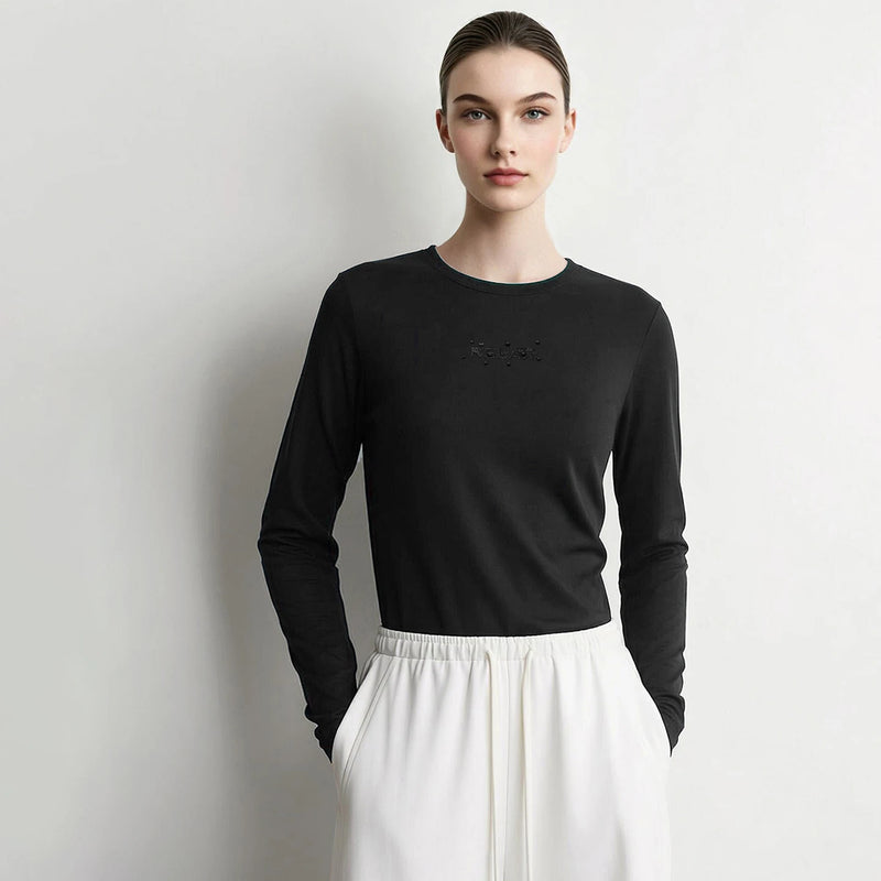 Amii Women's Long Sleeve Top 2026 Autumn New Letter Embroidered Elastic Women's T-shirt Round Neck Basic Versatile Tee 12613006