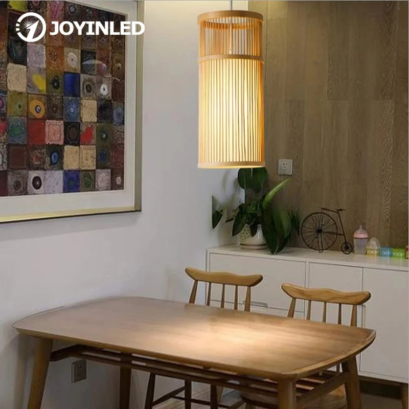 Bamboo Pendant Light Hand-Woven Cord Rattan Boho Hanging Lamp Mount Ceiling Chandelier for Dining Living Bedroom Kitchen