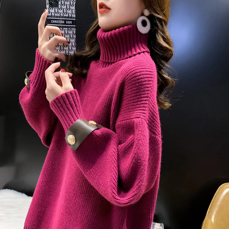 Sweater Women's Korean Medium Long Top Autumn Winter Turtleneck Warm Pullover Shirt Long Sleeve Knitwear Jumper Female Sueter