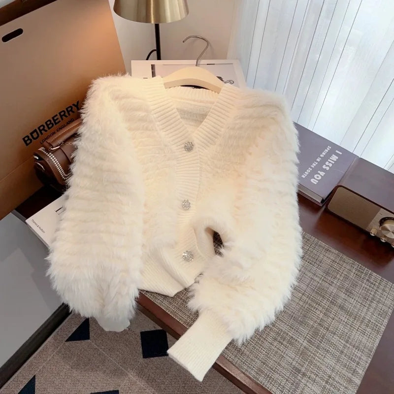 Mink Fleece Knitted Sweater Women's Clothing 2026 Autumn Winter Soft V-neck Cardigan Sweater Jacket Fashion Long-sleeved Top