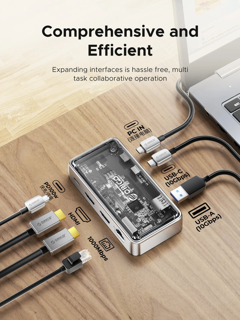 ORICO Metallic USB C HUB 10Gbps Docking Station 4K60Hz HDMI-compatible USB 3.0 Adapter RJ45 for Macbook Pro Laptop Accessories