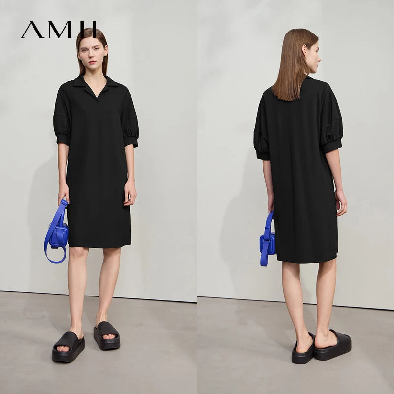 Amii Women Minimalism Summer Casual Dress 2026 New Solid Color Loose Lantern Sleeve V Neck Knit Stretch Comfort Dressse 12542165