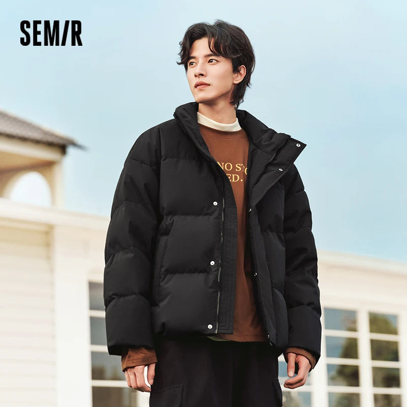 Semir Men Puffer Thick Down Colorblock Textured Print Stand Collar Loose Fit 2026 Urban Casual Warm Couple Style Outerwear