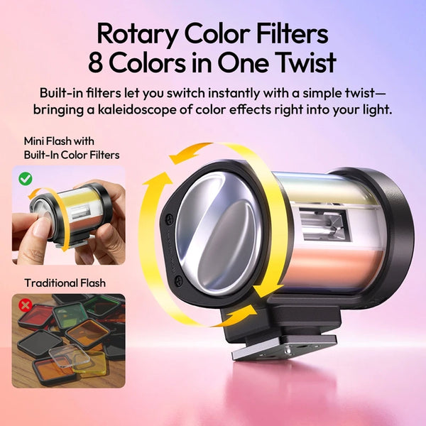 ភ្លើង Flash Ulanzi KL01 Mini Camera Flash ជាមួយតម្រងពណ៌ចំនួន 7 ដែលភ្ជាប់មកជាមួយ GN10 សម្រាប់ Canon Sony ZVE 10 Nikon Fuji DSLR Speedlite Flash 6500K