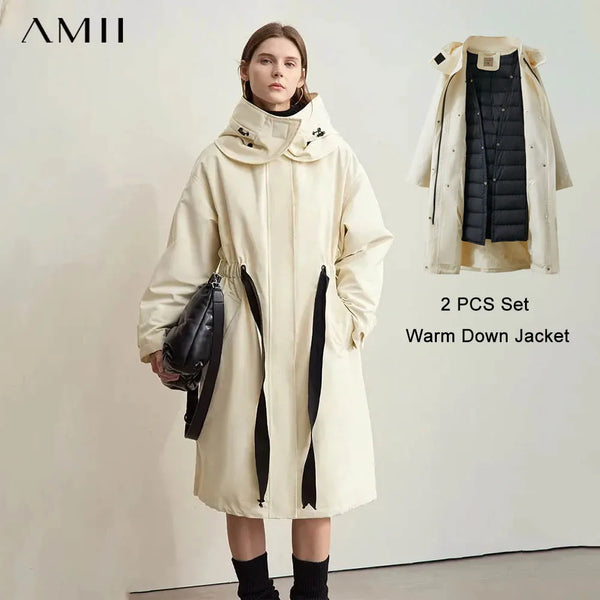 AMII Minimalism Down Jacket for Woman Spliced Detachable Cap Drawstring Belt 2026 Winter Long Casual Warm Overcoat 12444037
