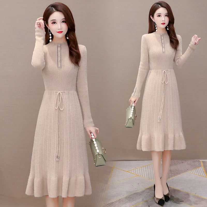 រ៉ូបវែងមធ្យមធ្វើពីរោមចៀម Mink Cashmere ថ្មី ទន់ ក្តៅ ពាក់ជាមូលដ្ឋាន អាវយឺតស្តើងសម្រាប់ស្ត្រី រដូវស្លឹកឈើជ្រុះ រដូវរងា សម្លៀកបំពាក់ប៉ាក់ អាវក្រៅស្ត្រី