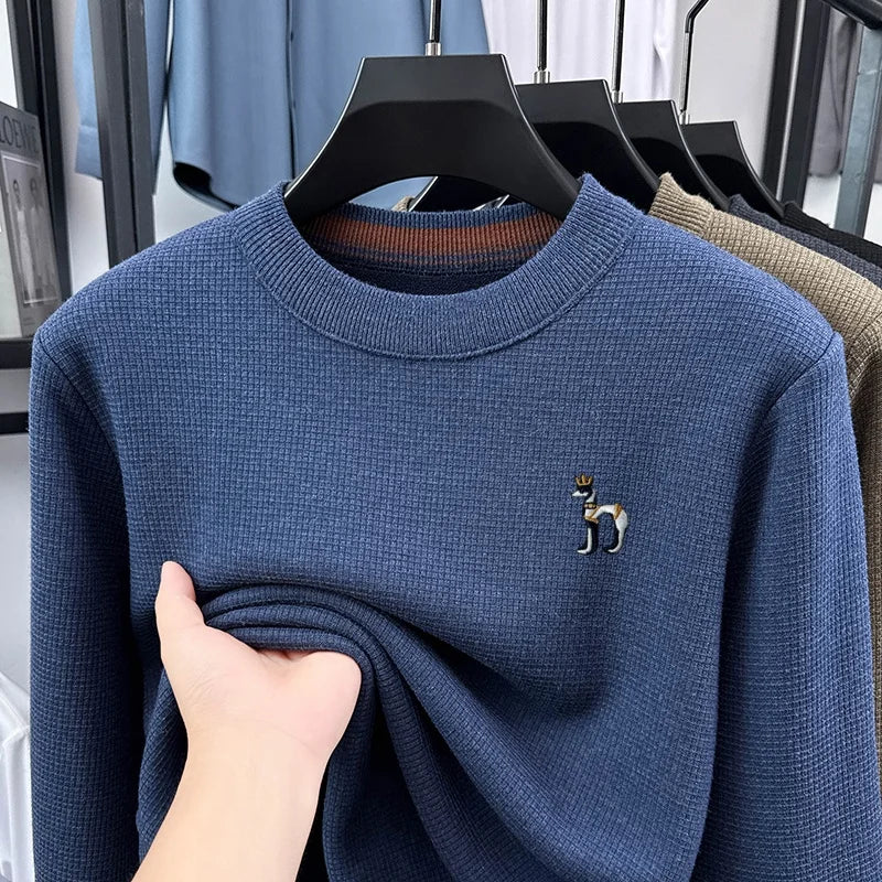 Hot Quality Men Long-Sleeved Knitwear Mock Neck Fleece-Lined Thickened Puppy Embroidery Spring New Pullover Trend Men's Clothing