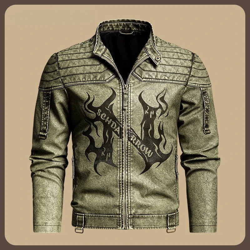 Men's Long-sleeve PU Jacket for Spring and Fall, Available in Gray-black Faux Leather Coat, with Khaki and Green Options.