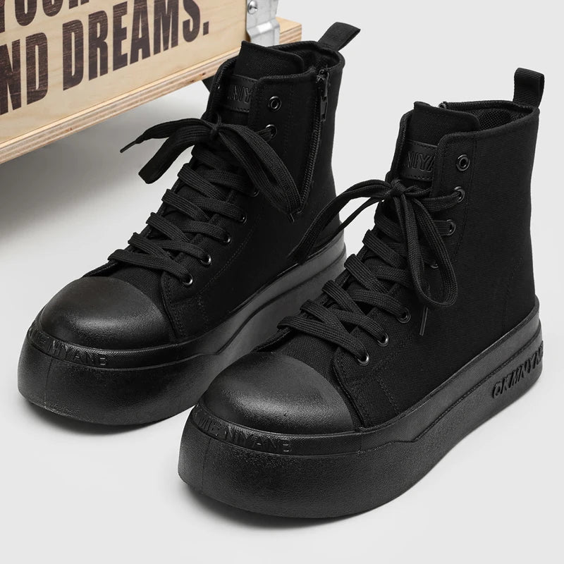 Men's high-top thick sole canvas casual boots four seasons breathable light soft-sole comfort outdoor walking sports board shoes