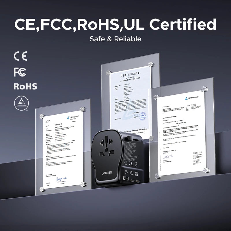 UGREEN 65W Universal Travel Adapter 2 USB-C 1 USB-A AC Socket GaN Charger Certified CE FCC UKCA TÜV For EU US UK Grounded Plug