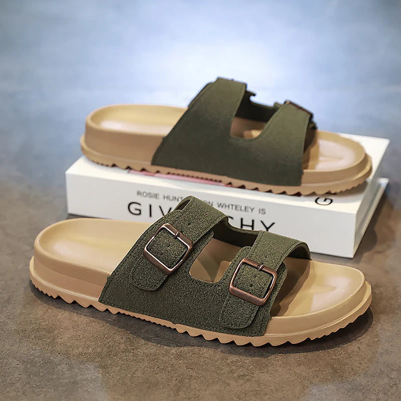Summer Mens Microfiber Leather Slides Slippers With Adjustable Buckle Sandals Lightweight Anti Slip Slippers Cheap