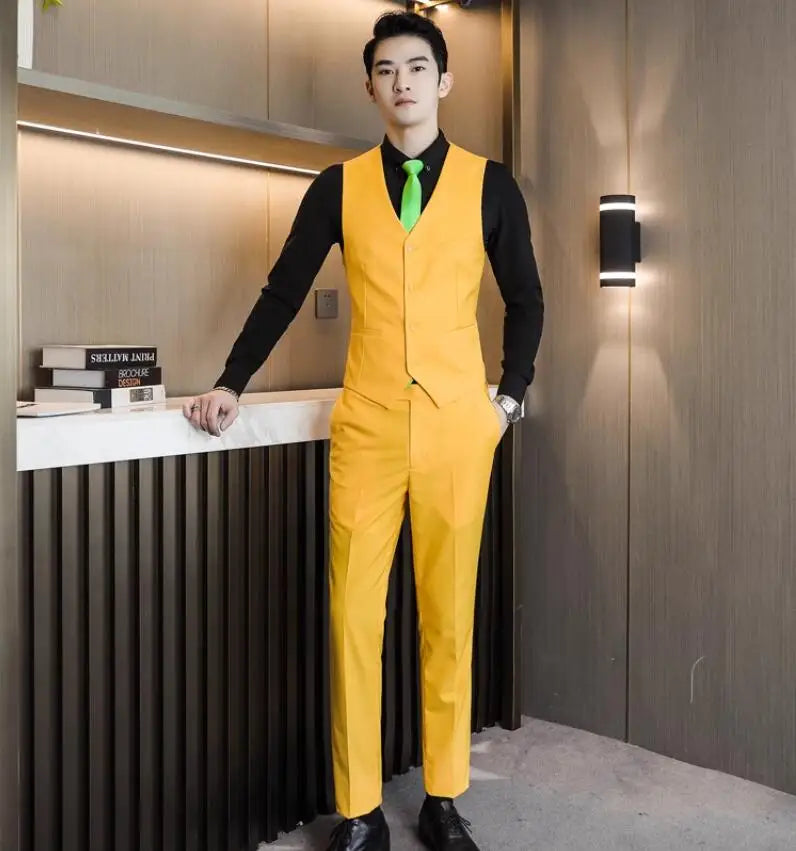 2026 Men's Bright Red V-Neck Sleeveless Vest with Pants, Green Gray Black White Purple Waistcoat and Trousers Asian Size Sets