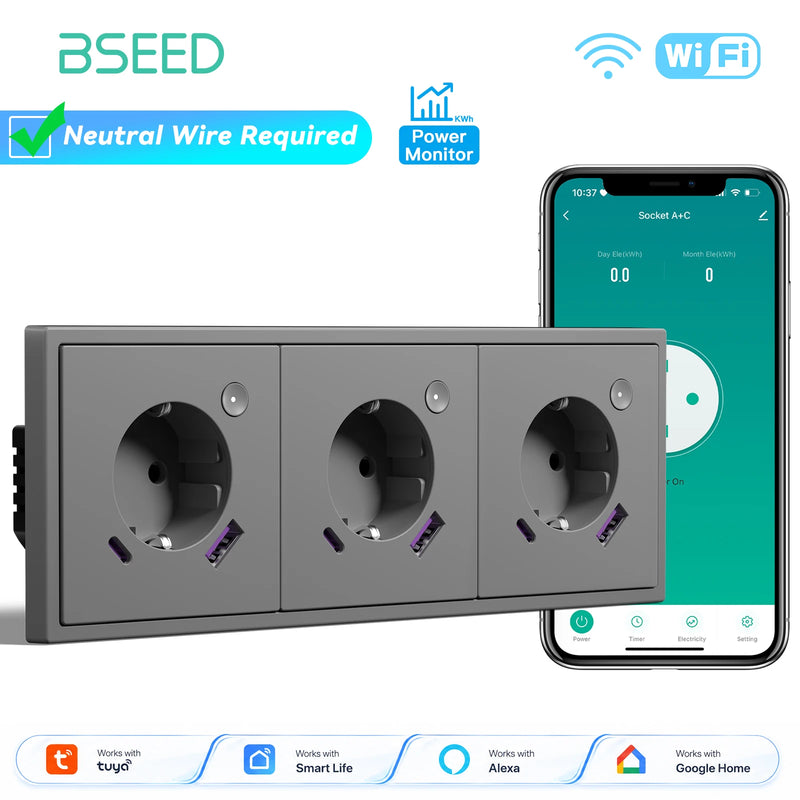 BSEED E Series WIFI Wall Socket Smart Power Monitor Socket 20W USB Type-C Charge Port Plastic Frame Tuya Smart Life Control