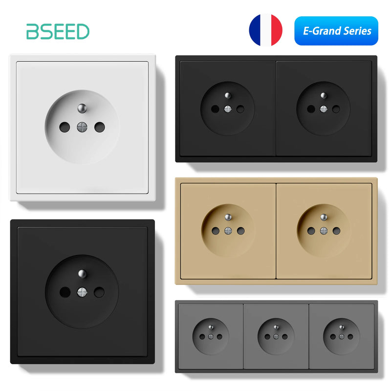 BSEED French Standard Single Wall Socket Double Electrical Outlets Wall Power Socket for France White Black Plastic Frame 16A