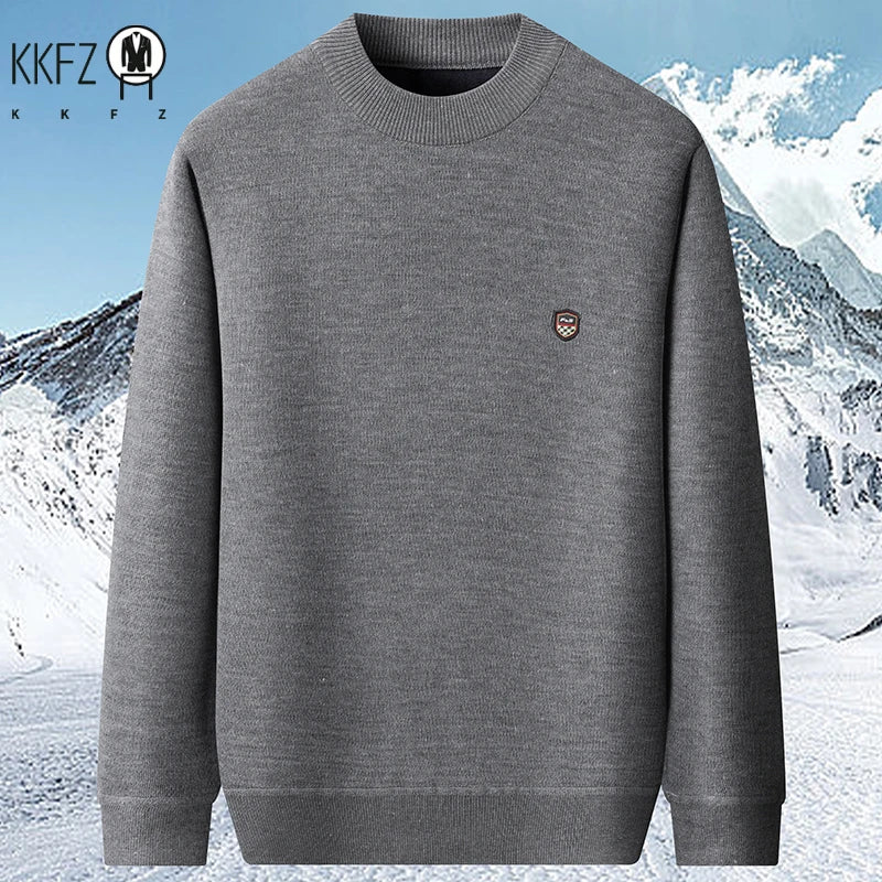 Thick Thermal Mock Neck Men Pullover Simple Solid Knit Material Chest Badge Skin Friendly Fleece Interior Outing Top