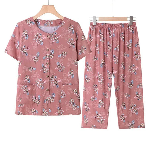 ឈុតខោ Capri ដៃខ្លី XL-5XL ថ្មីសម្រាប់ម្តាយវ័យកណ្តាល pajamas កប្បាស Rayon គេងយប់សម្រាប់ស្ត្រី ឈុតពីរដុំ