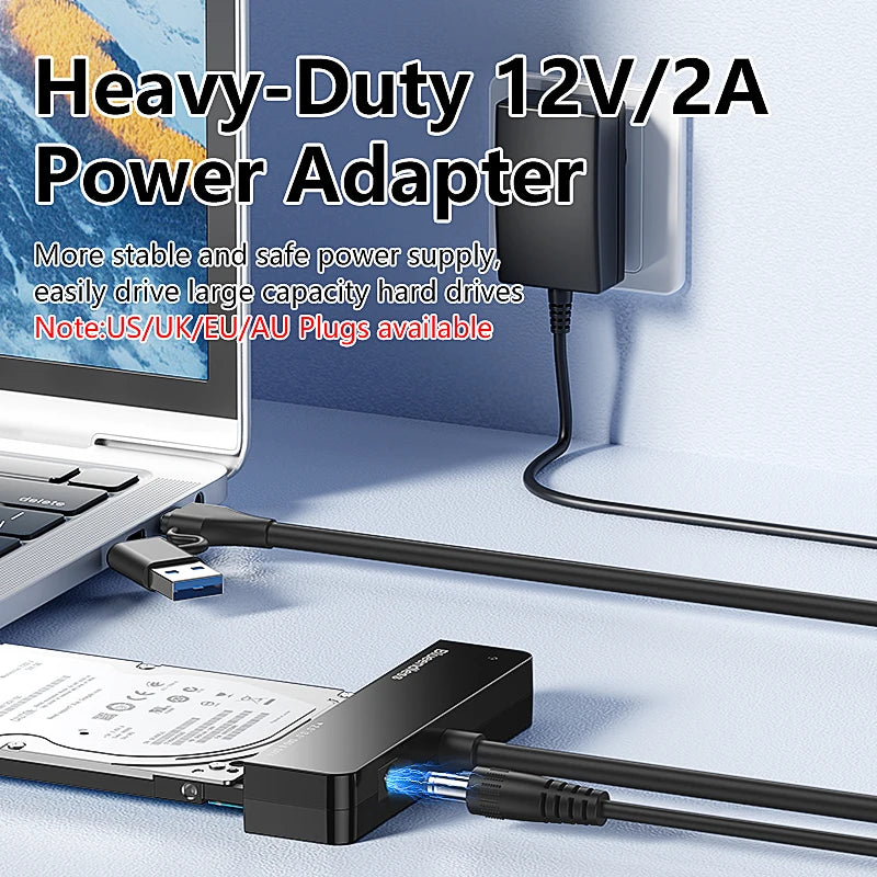 ឧបករណ៍ភ្ជាប់ដ្រាយវ៍រឹង Blueendless USB3.0 ទៅ SAS/SATA 2.5 3.5 HDD Converter 5Gbps Type-A/C 2-in-1 គាំទ្រអតិបរមា 28TB ជាមួយថាមពល 12V/2A