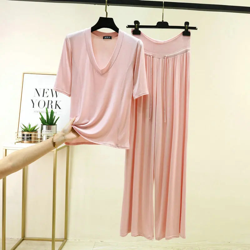 Soft Modal Sleepwear Women's Summer Pajamas Thin T Shirt Wide Leg Pants Set Loose Large Size Home Clothes  M-6XL Pijamas