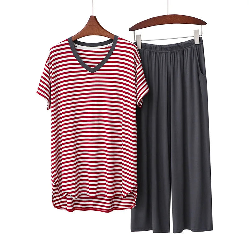 Spring Summer Pajamas For Women New Pijama Mujer Modal Stripe V Neck Shirt Nine Point Pants Suit Loose Home Wear Clothes