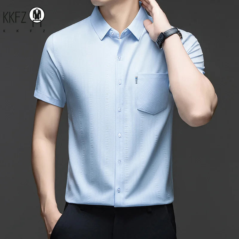 Mens Short Sleeve Shirt Casual Regular Fit Button Up Lapel Collar With Pocket Soft Breathable For Business Weekend Wear
