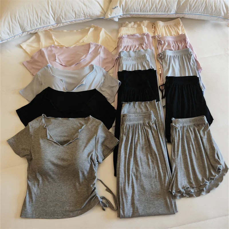 Korean Reviews Many Pajamas Chest Pad Short Sleeve Shirt Three Pieces Set Modal Spring Summer Sleepwear Women Home Wear Pyjamas