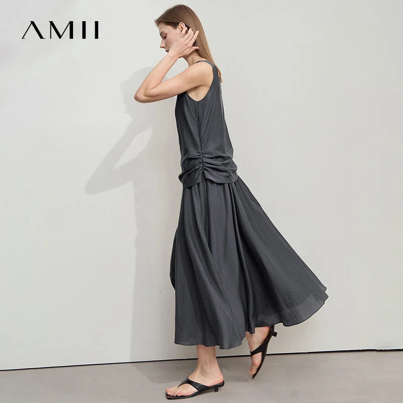 រ៉ូប Amii Minimalist សាមញ្ញ មានខ្យល់ចេញចូលបាន រលុង 2025 រដូវក្តៅ ថ្ងៃឈប់សម្រាក ដៃអាវរមួល ផ្នត់ រ៉ូបការិយាល័យ សម្រាប់នារី 12542173