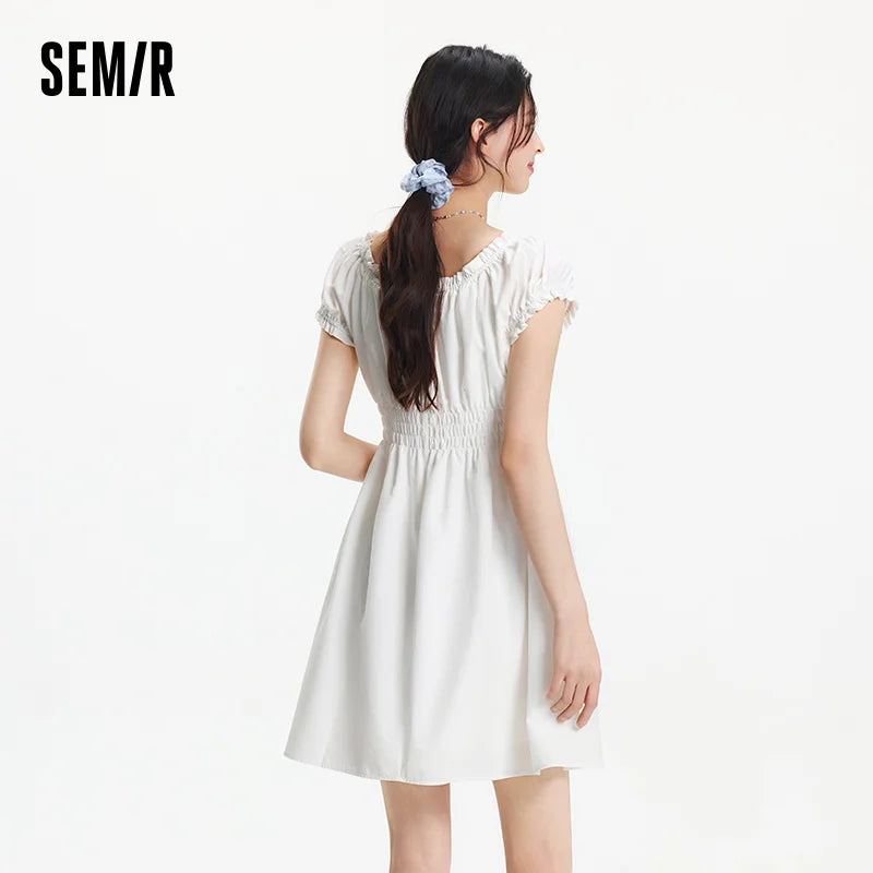 Semir Bowknot Dress Women Youthful 2025 Summer New Playful Square Neck Lace Trim Flirty Short Dress