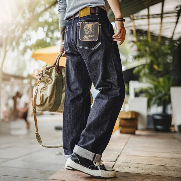 ខោខូវប៊យ Maden របស់បុរស 12oz លាងខោ Denim ត្រង់ជើងធំពណ៌ខៀវ ខោរលុង Zip Fly ខោធម្មតាសម្រាប់រដូវស្លឹកឈើជ្រុះ និងរដូវរងា