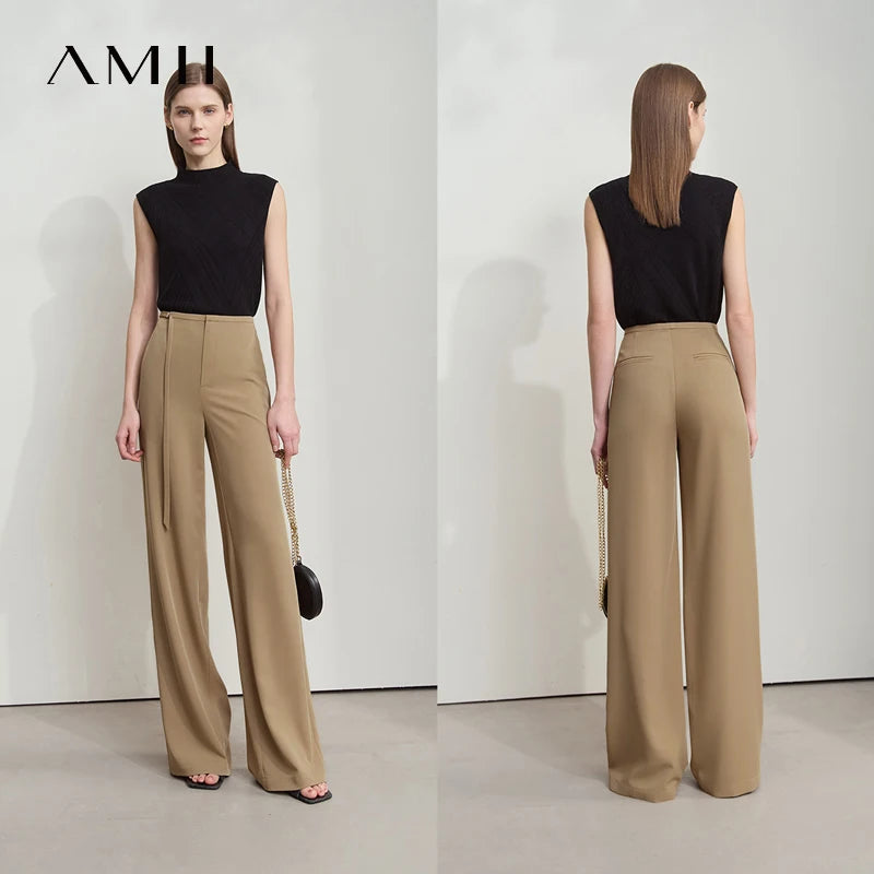 ខោ AMII Office Lady Solid Women Summer 2026 ខោជើងវែងថ្មីធ្វើពីឫស្សីតុបតែងលម្អដោយធម្មជាតិ ចង្កេះធំទូលាយ ម៉ូដសម្រាប់នារី 12521049