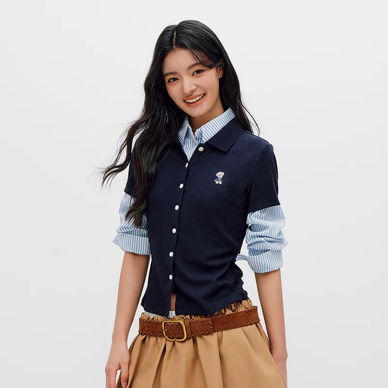 Semir Women Polo Shirt Puppy Embroidery Slim Straight Shoulder Summer 2026 Minimal Cardigan Style Casual Fashion Top