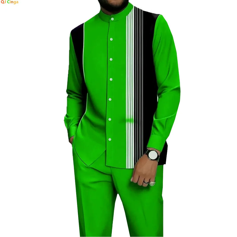 Men's Two-piece Set for Spring/Fall: An Ethnic-style Long-sleeve Shirt Paired with Pants, Red, Blue, Green, Gray, Black, Purple.