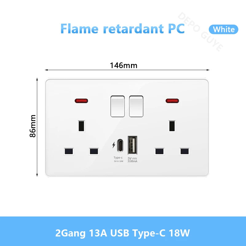 White UK Standard 13A USB Wall Socket Panel,Universal 18W Type-c Quick Charge Socket Plug,Wall Light Switch Electrical outlet