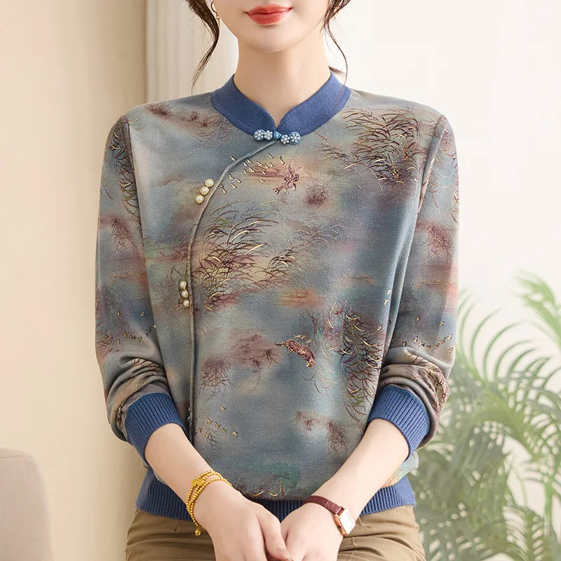 New Vintage Printed Woman Clothing Spring Autumn Middle Aged Mother Pollovers Long Sleeve Tops Women's Sweater Knitwear Blouse