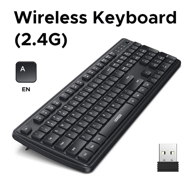 UGREEN 2.4G Wireless Keyboard 104 Keys Ultra-Slim US RU Layout Wireless Keyboard Black for PC Laptop Desktop