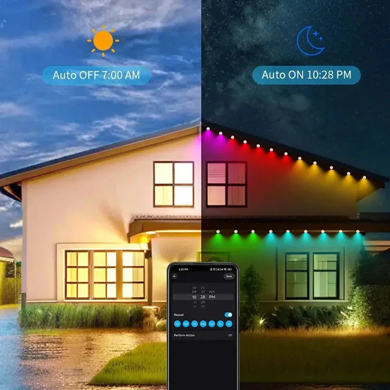 ភ្លើងខ្សែរ WIFI ឆ្លាតវៃ RGBIC ប៊្លូធូស ការគ្រប់គ្រងឧបករណ៍បំពងសម្លេង Google ភ្លើងតុបតែងខាងក្រៅ ភ្លើងការពារទឹក ធ្វើសមកាលកម្មតន្ត្រី ថ្ងៃឈប់សម្រាក