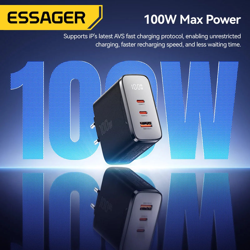 ឆ្នាំងសាក Essager 100W GaN USB Type C ឆ្នាំងសាកឌីជីថល PD QC ឆ្នាំងសាក USB ចល័តសម្រាប់ iPhone 17 16 15 Xiaomi Macbook Laptop