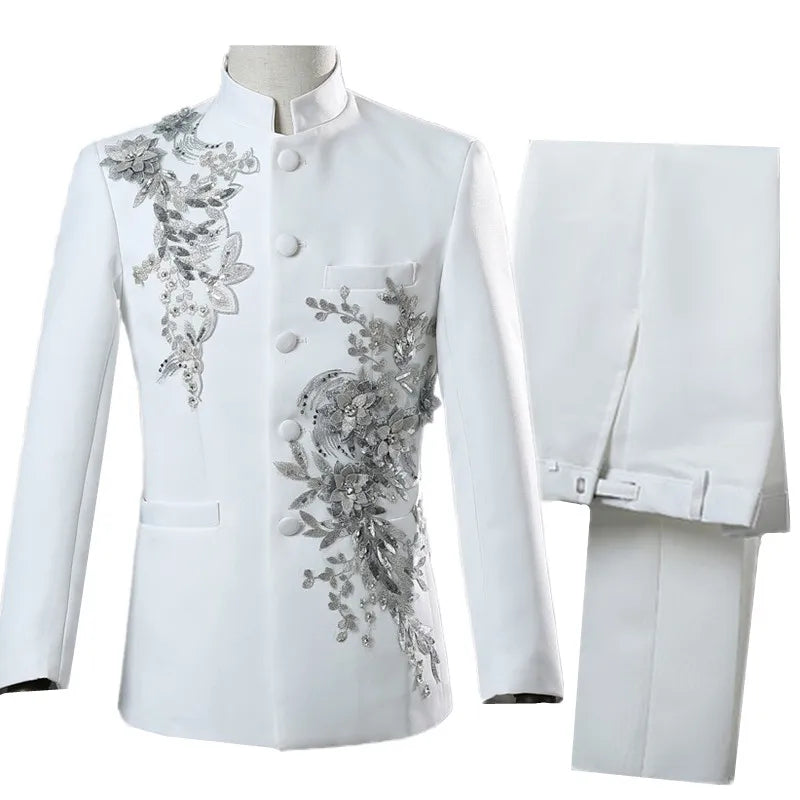 Men's White Standing Lapel Suit Two-Piece, Chinese Style Long Sleeve Jacket with Trousers, Blue Red Black Optional, Asian Size