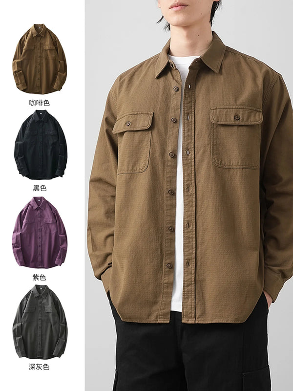 DUKEEN Workwear Shirts for Men 2024 Spring and Autumn New 100% Cotton Long-Sleeve Blouse Vintage Pockets Basic Men's Clothing