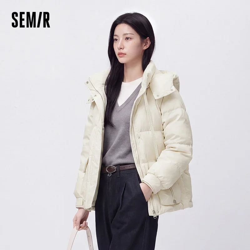 អាវធំស្ត្រី Semir ប្រវែងមធ្យមមានមួក ដៃអាវ Raglan រលុង ៩០ ភាគរយក្តៅ Jacquard រដូវរងា ម៉ូដធម្មតា