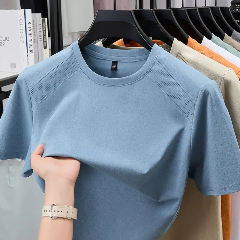 All Season Basic Solid Male Short Sleeve T Shirt Mesh Spliced Shoulder Home Rest Daily Commute Leisure Garment