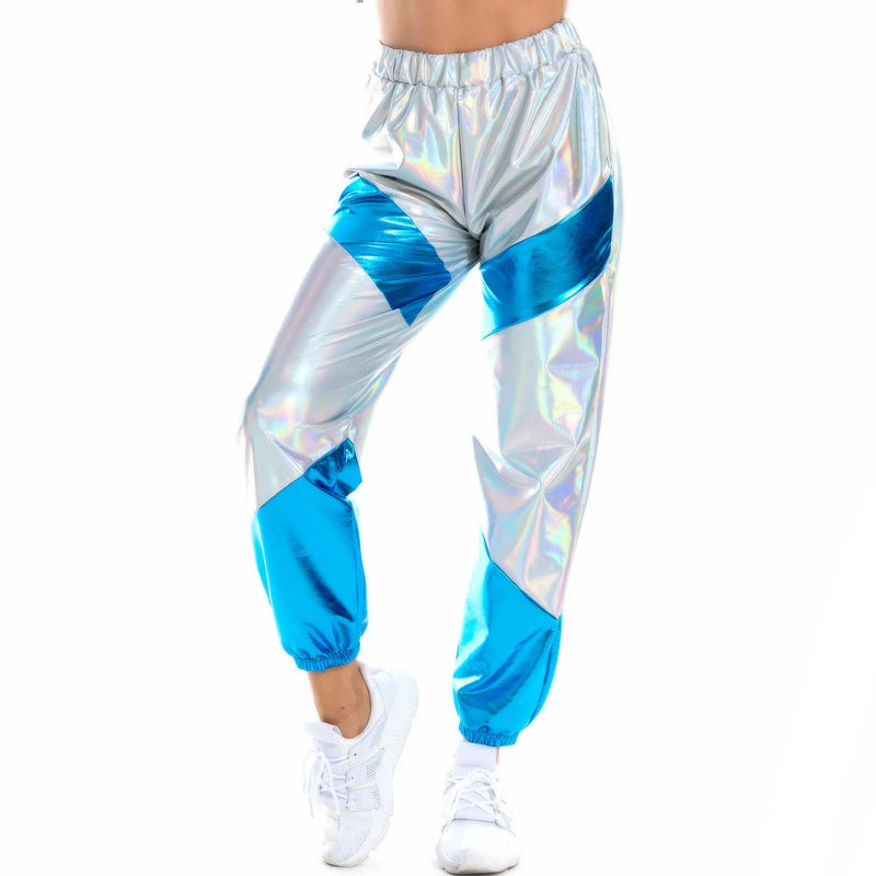 2026 New Women's Blue-Black Pants, Elastic Waist Color-Blocked Trousers, Perfect for Nightclubs/Parties/Dancing.