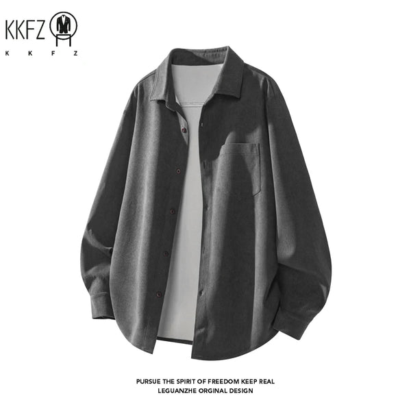 Men Minimalist Oversized Corduroy Top Lapel Collar Button Down Chest Pocket For Everyday Urban Casual Dressing
