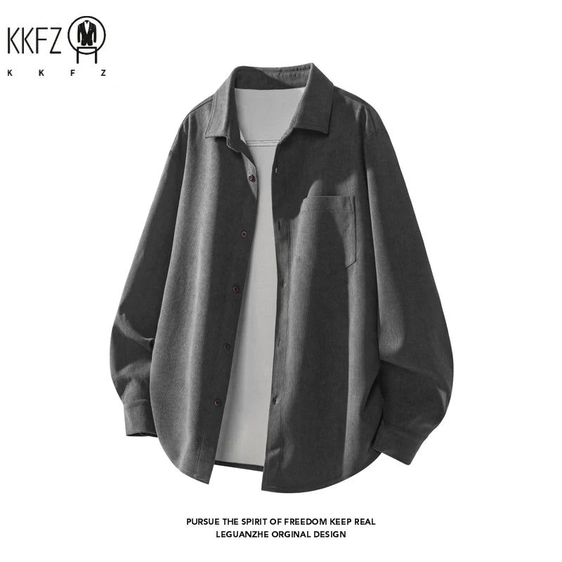 Men Minimalist Oversized Corduroy Top Lapel Collar Button Down Chest Pocket For Everyday Urban Casual Dressing