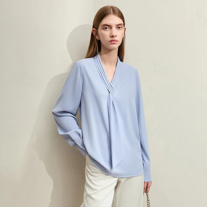 អាវ AMII Chiffon សម្រាប់ស្ត្រី 2026 រដូវស្លឹកឈើជ្រុះថ្មី អាវ V-neck រាងផ្នត់សម្រាប់ស្ត្រី ខ្សែក្រវាត់រាងមូល 12421061