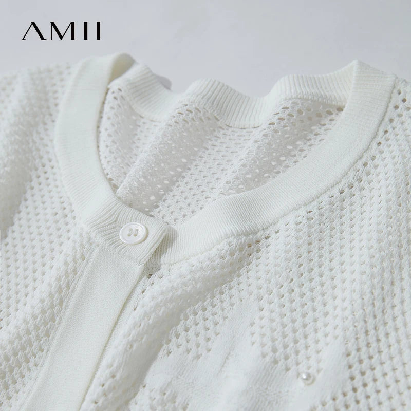 អាវយឺតការិយាល័យ AMII Minimalist Women 2025 ដៃខ្លីកមូល Jacquard រលុងប៉ាក់ Cardigan Woman Fashion 12552093