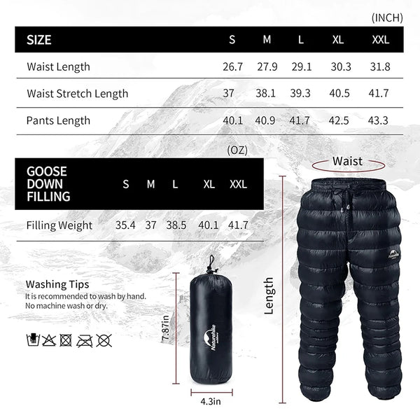 Naturehike Outdoor Down Pants Waterproof Wear Ultralight Thermal Hiking Pants Camping Warm Winter Goose Down Pants NH18K210-K