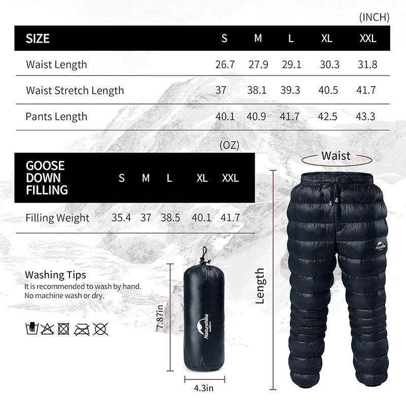 Naturehike Outdoor Down Pants Waterproof Wear Ultralight Thermal Hiking Pants Camping Warm Winter Goose Down Pants NH18K210-K