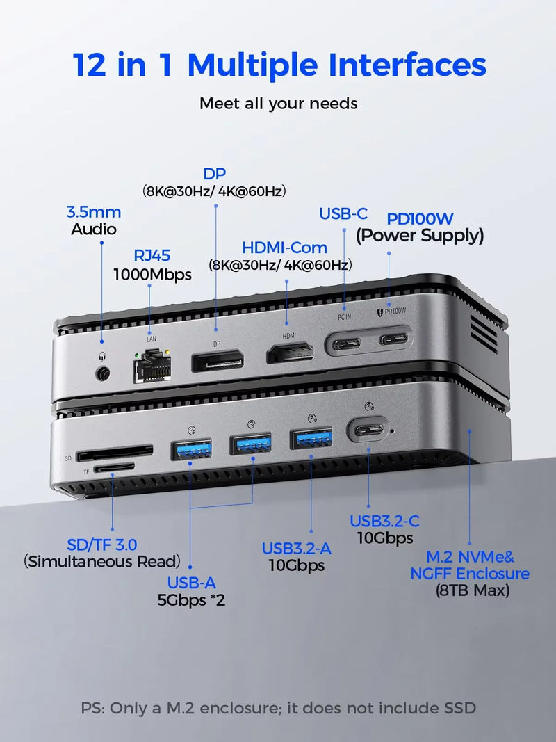 ORICO 10Gbps USB C Display HUB M.2 NVMe SATA SSD Enclosure Dock with Cooling Fan External HDMI-Com RJ45 PD100W Docking Station