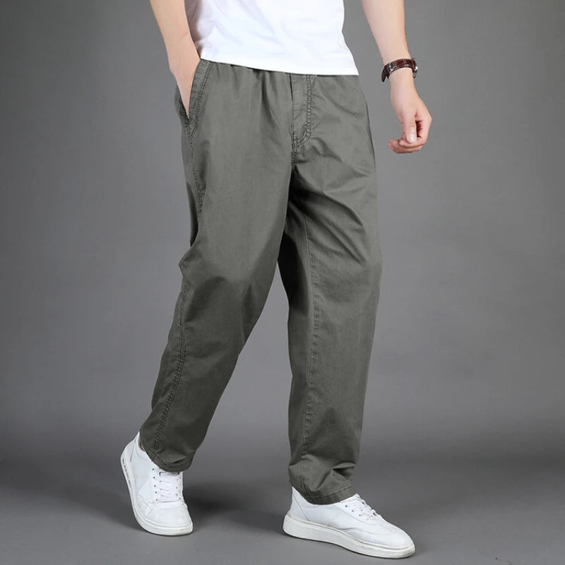 Men's Straight Cargo Trousers, Casual Pants, Monochromatic, Plus Size, M-6XL, Elastic Waist, 100% Cotton, Ninth Pants, 2024 New